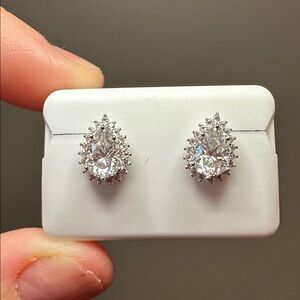 NEW - 2.0 CTW Moissanite Diamond Sterling Silver Pear w/ Halo Studs